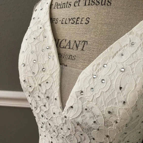 NEW ABBY PARIS SZ 2 IVORY LACE BEADED ILLUSION FORMAL EVENING GOWN - Picture 5 of 12